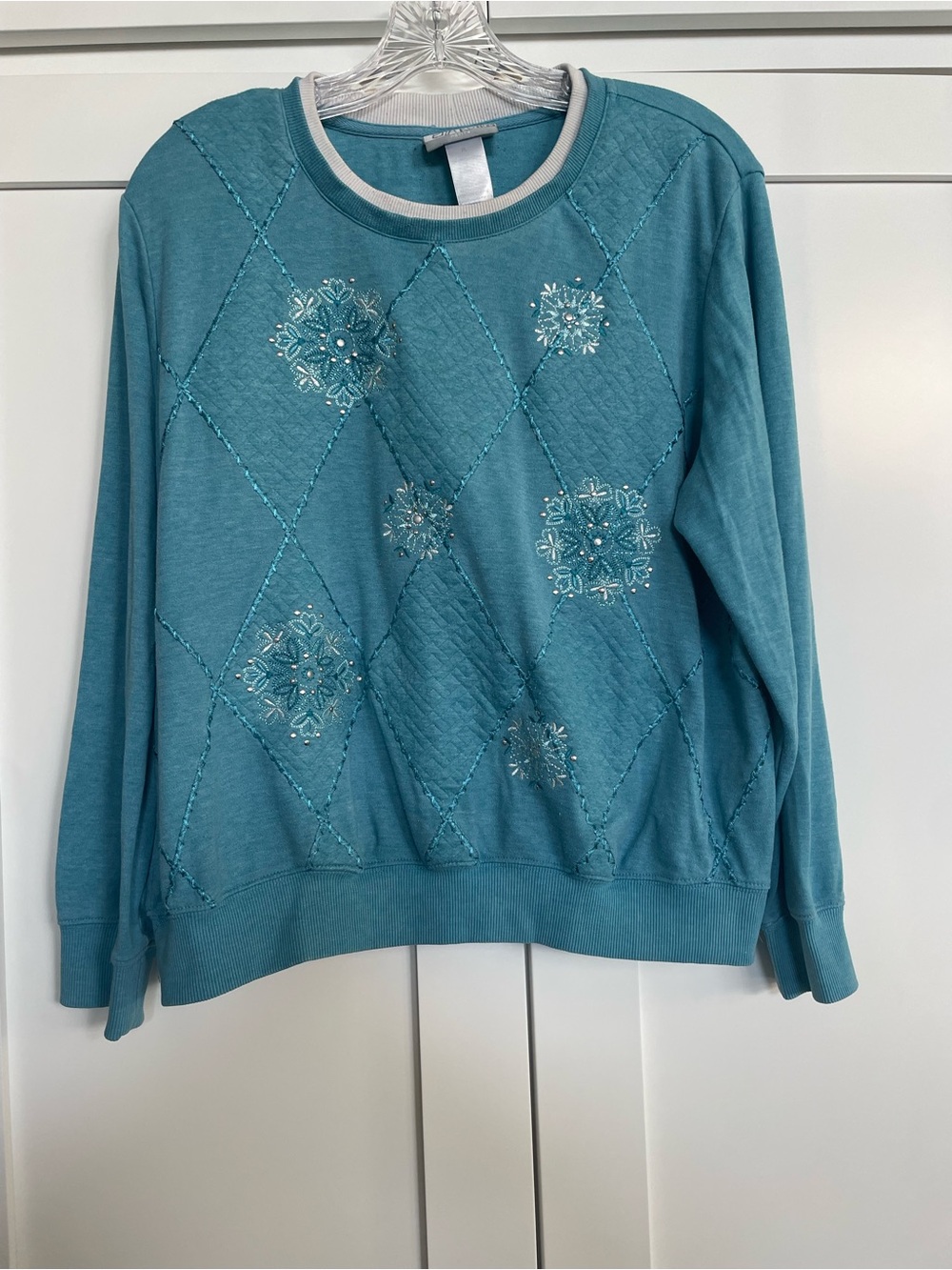 Teal Quilted Alfred Dunner Diamond Pullover Sweater with Embroidered Snowflake